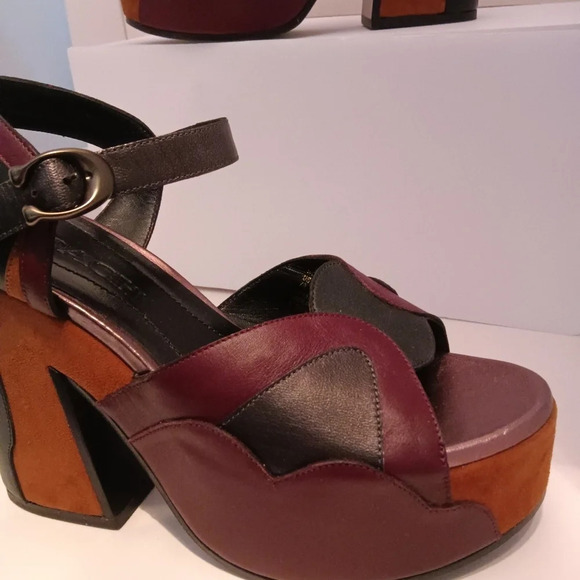 COACH Platform Sandal Leather Burgundy Black Ankle Strap 37.5 - Picture 4 of 14